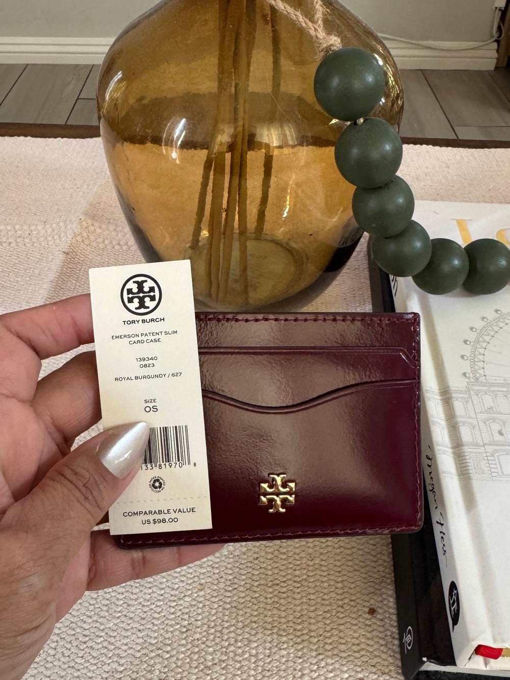 Tory Burch Patent Leather Slim Card Case in Royal Burgundy with Gold Logo